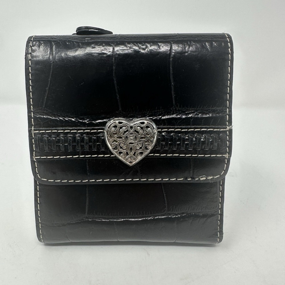 Brighton VTG Bellissimo Silver Heart Filigree Black Leather Trifold Wallet